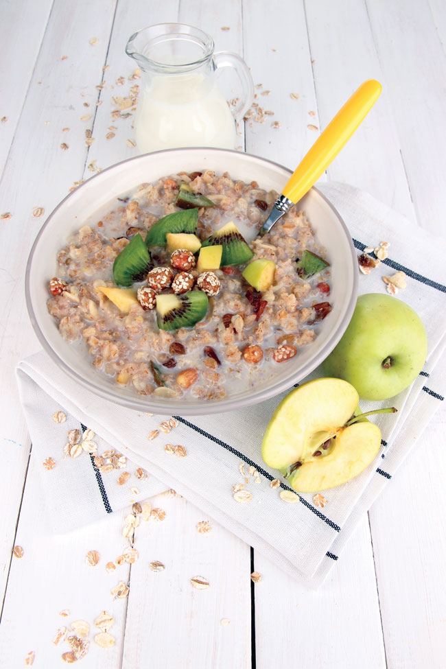 oatmeal, nuts, milk, and apples