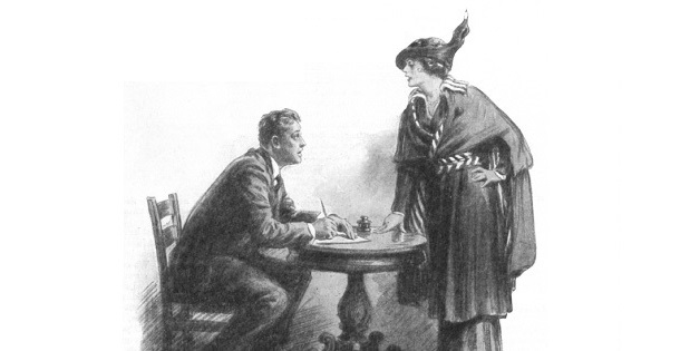 A woman talking to a seated man