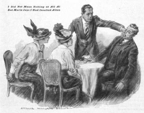 Man pushing his hand against a man while two women look on at a table.