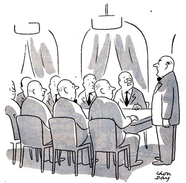 cartoon bosses talking at table.