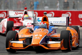 IndyCar racer Charlie Kimball at the 2012 Toronto finish line.