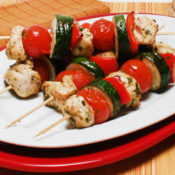 chicken, tomato, red bell pepper, and zucchini kebabs