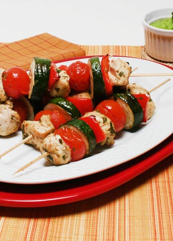 chicken, tomato, red bell pepper, and zucchini kebabs