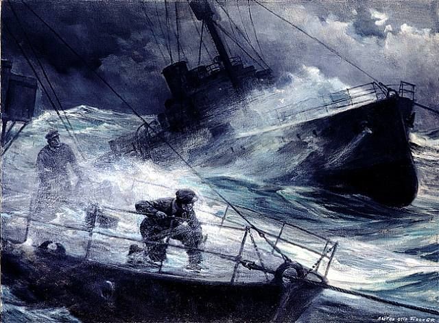 Illustration of the U.S. Coast Guard attacking a German U-Boat at close range. Two sailors are depicted on the U-Boat hanging on for dear life, while the American ship approaches them.