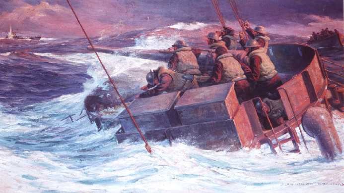 In this Anton Otto Fischer illustration, drawn from personal experience, American Coast Guard servicemen gather near their ship's cannon as it fires upon a German vessel. Some of the sailors are cheering the attack.