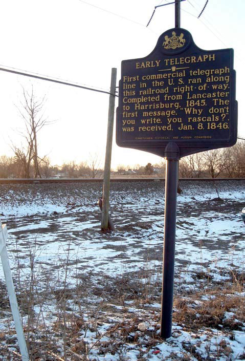 Roadside marker commemorating first commercial telegraph message