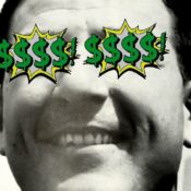 Smiling man whose eyes are covered by dollar signs