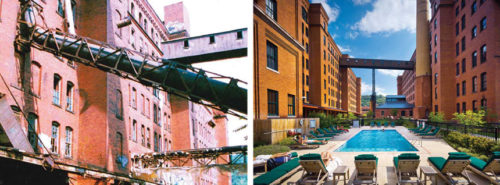 Reconstruction of an old coke factory into lofts. The photo on the left shows a pool being constructed; the right photo shows its completed state.
