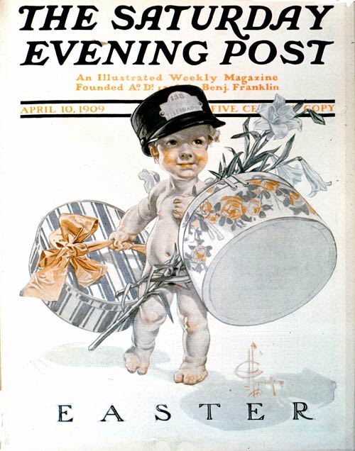 Baby Delivery Boy with Hat boxes and Flowers by JC Leyendecker