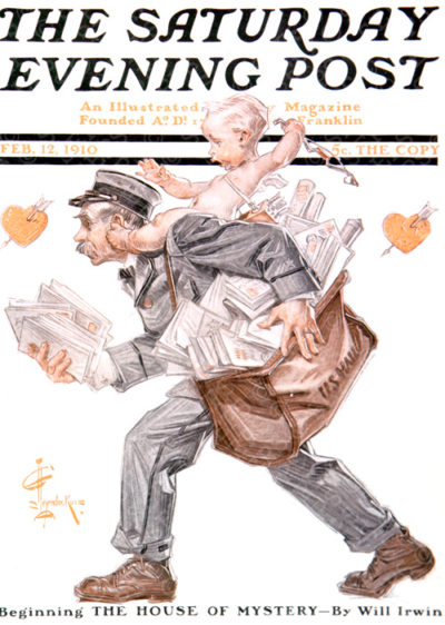 A mailman delivers love letters with a cupid on his back.