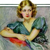 A woman in a teal dress.