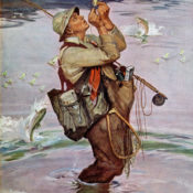 A man affixing a fly on a fishing hook while fish jump out of the surrounding water.