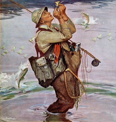 A man affixing a fly on a fishing hook while fish jump out of the surrounding water.