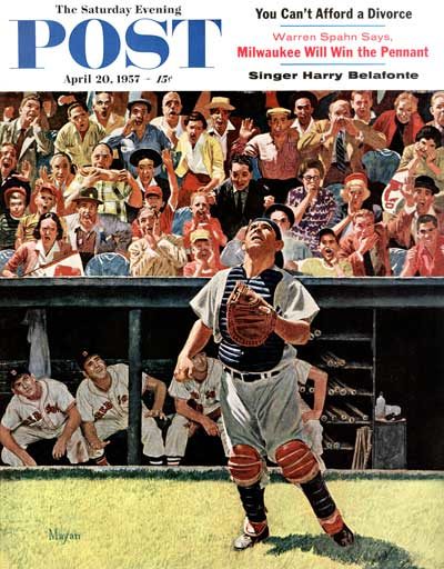 Yankees catcher Yogi Berra attempts to catch a fly ball.