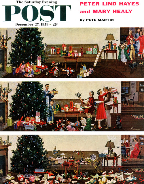 This is your house, right? Not the top panel in the 1958 cover, with the kids running to open their gifts (that was yesterday). Not the middle panel, where everyone is enjoying the process (ditto). Admit it, your house looks like the bottom panel with gifts, wrapping paper, and ribbons strewn everywhere. The sound of reindeer hooves on the rooftop is a distant memory. This cover by artist Ben Prins sums it up: It’s all over but the clean-up.