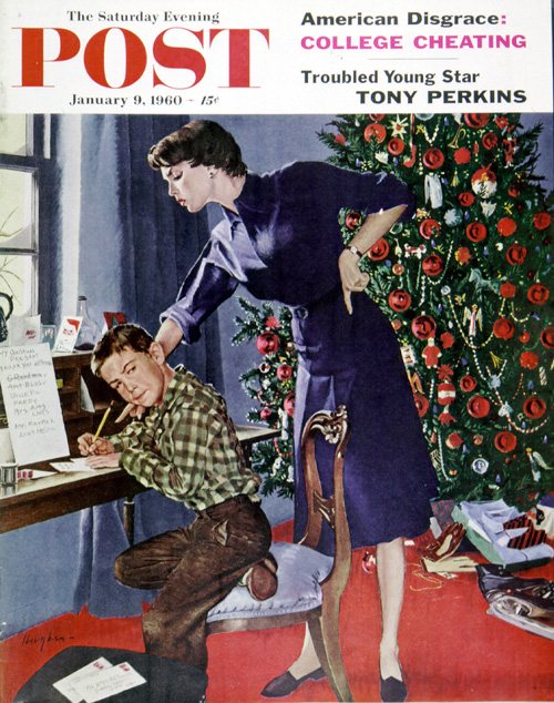 “You’re not going anywhere young man, until you thank Grandma for the ice skates,” Mom seems to be saying in the 1960 cover by artist George Hughes. “Geeze, the pond might melt before I finish these letters,” the boy thinks. These days, you might hear: “You’re not playing any video games until you e-mail Grandma and thank her for the Wii games.” Maybe a sweet Tweet will do.
