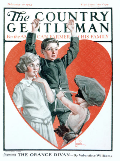 Cupid holds up a young couple with a bow-and-arrow in hand.