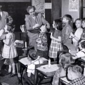 School children getting tested for disease in a classroom