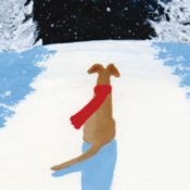 Dog with a scarf sitting in a snowy wood