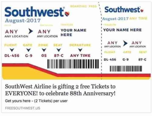 Facebook Post promising free airline tickets. An example of a scam