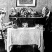An elder man and a young woman eat at a table.