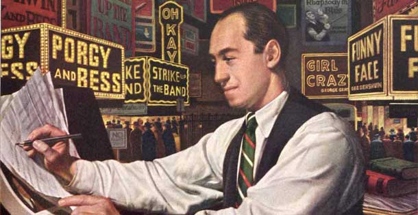 Gershwin composing "Rhapsody in Blue" in an illustrated for the John Hancock insurance company in 1958.