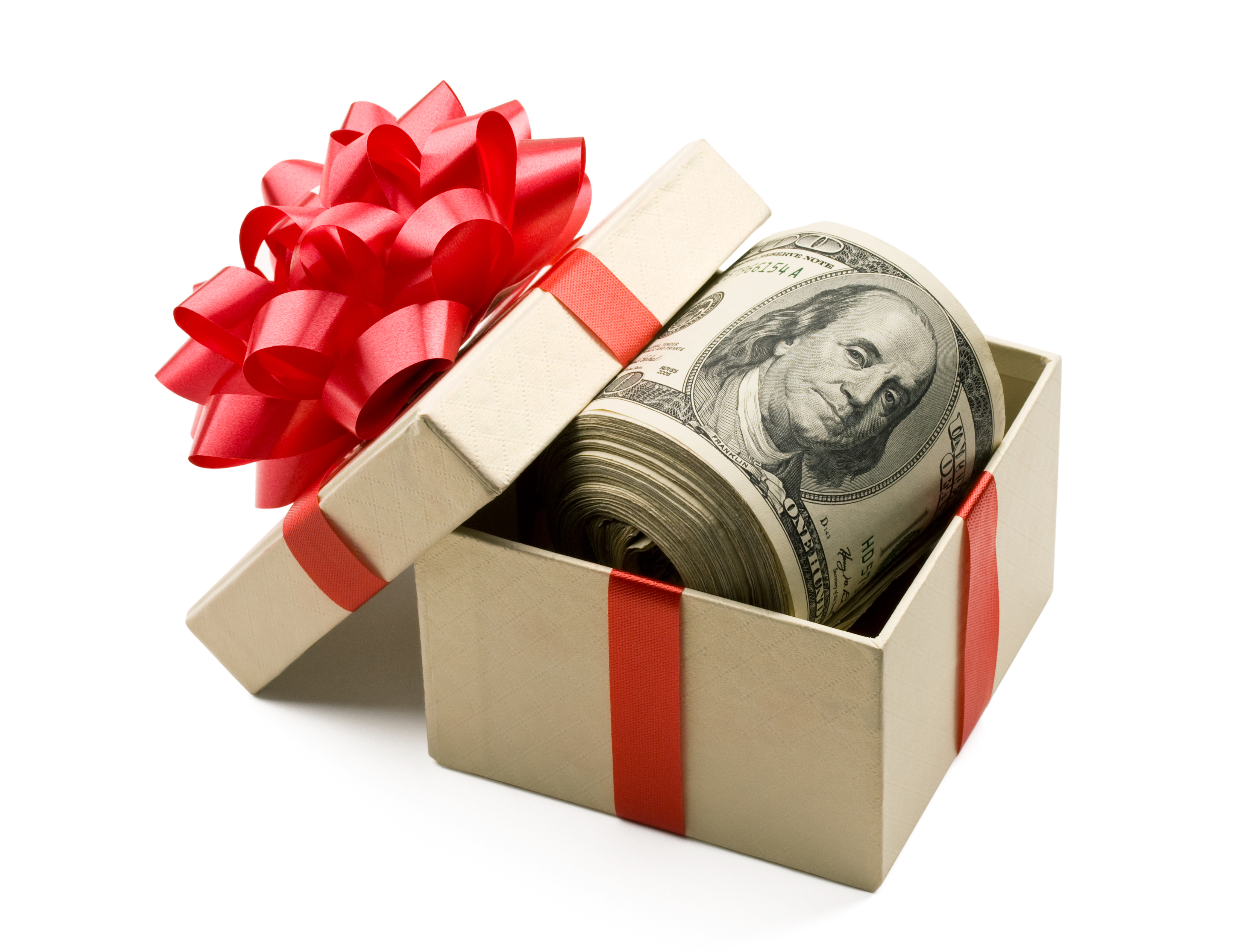 Roll of money in a gift box with red ribbon and bow