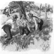 Man resting under a tree with his arm in a sling, while two other men tend to him