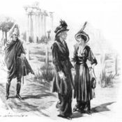 Two ladies talk on path while an Italian gaurd looks on