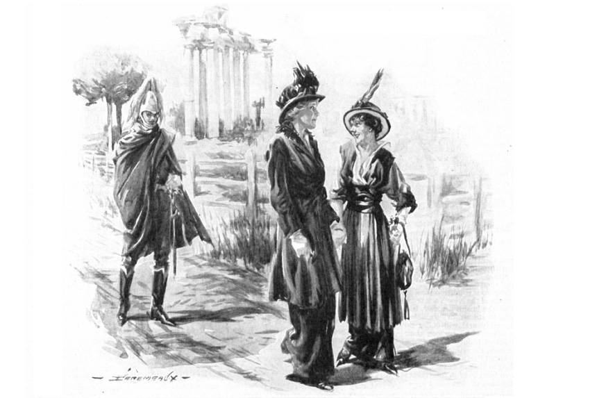 Two ladies talk on path while an Italian gaurd looks on