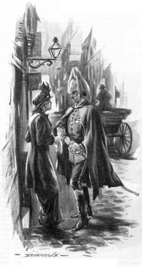A gaurd at speaks to a woman in a city