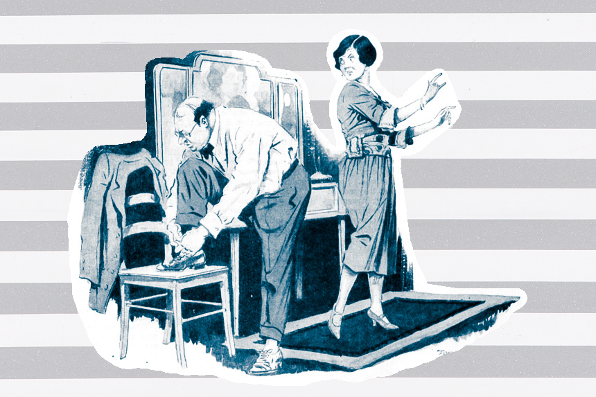 1920 illustration of middle-age couple struggling with weight