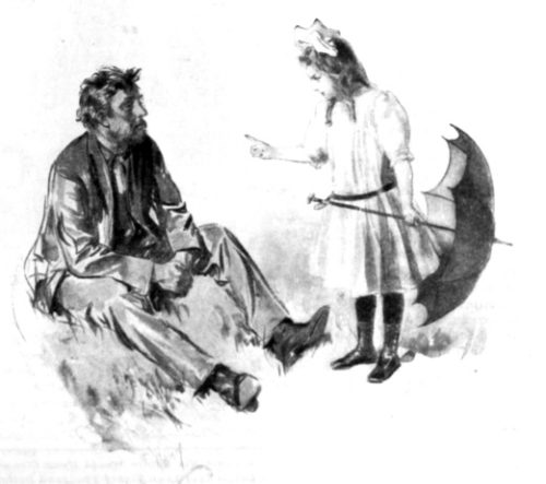 Young girl with a parasol speaks with a homeless man.
