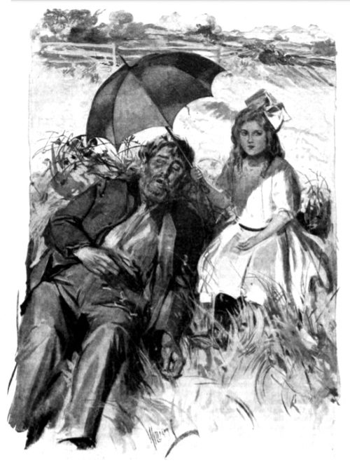 A young girl holds an umbrella over a homeless man.