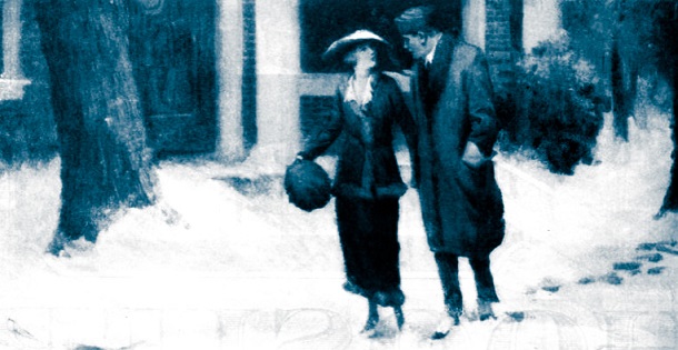 Woman and man walking through snow.