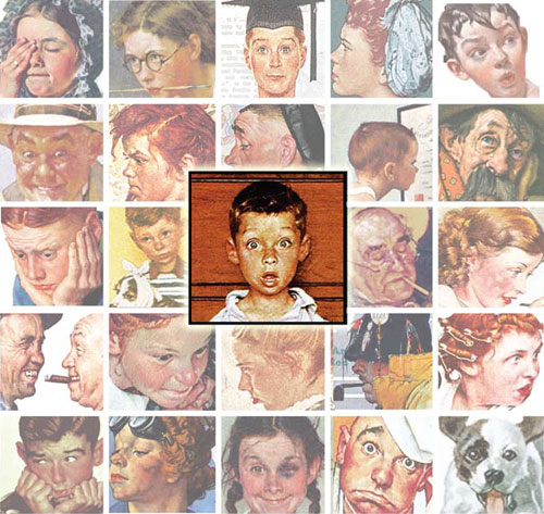 A collage of faces painted by Norman Rockwell