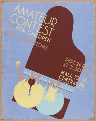 A WPA-produced ad featuring a amateur piano contest for kids.