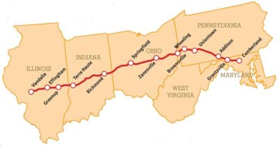 A map showing the route taken by the Historic National Road. It runs east from Vandalia, Illinois to Cumberland, Maryland.