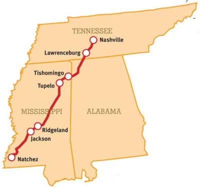 The Natchez Trace Parkway runs north from Natchez, Mississippi to Nashville, Tennessee.