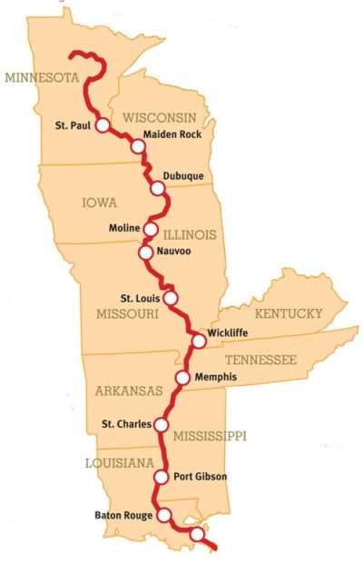 The Great River Road National Scenic Byway runs along the Mississippi River, from New Orleans to St. Paul.