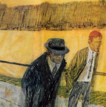 Two men walking along the banks of a river.