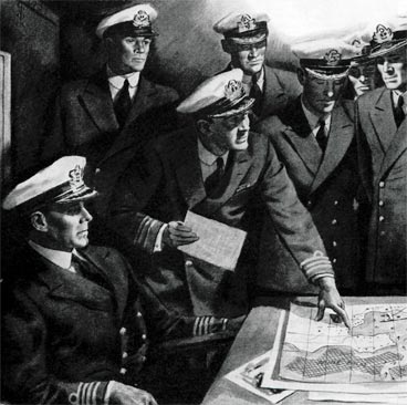 Sailors planning an attack in the ship's hull.