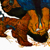 A cowboy burning dry grass with a match.