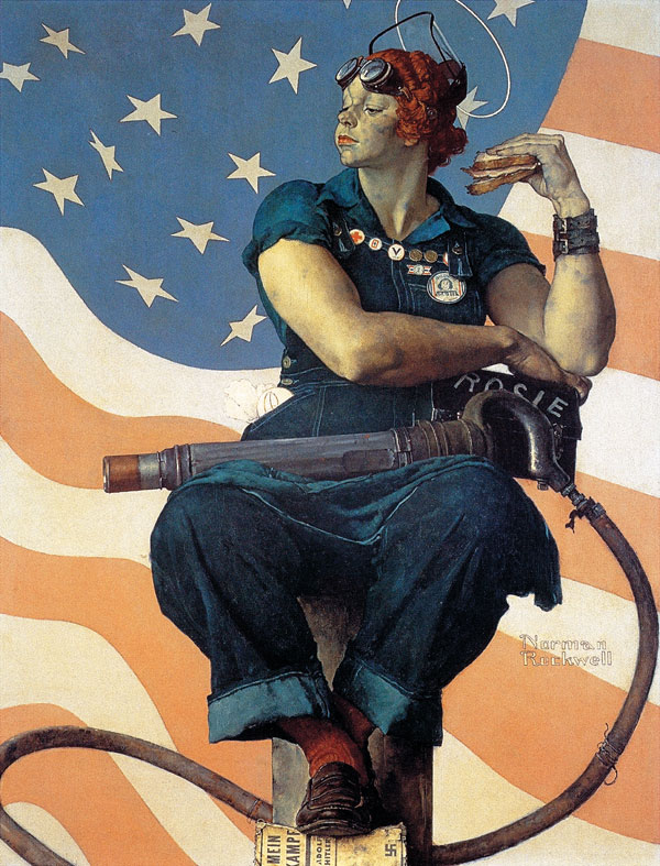 Who, including der Fuehrer himself, would dare to mess with Norman Rockwell's Rosie the Riveter? Rockwell;s model was 19-year-old Arlington, Vermont, telephone operator Mary Doyle. The artist later apologized to Mary for adding substantial weight to her slender figure.