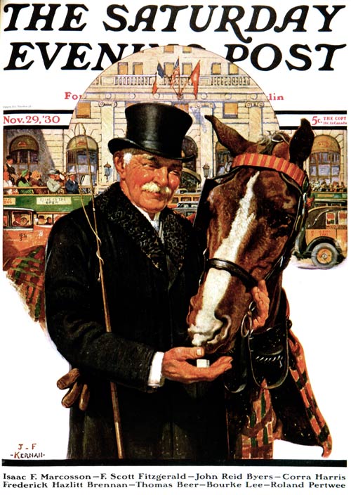 A Coachman pets his horse in the city street.