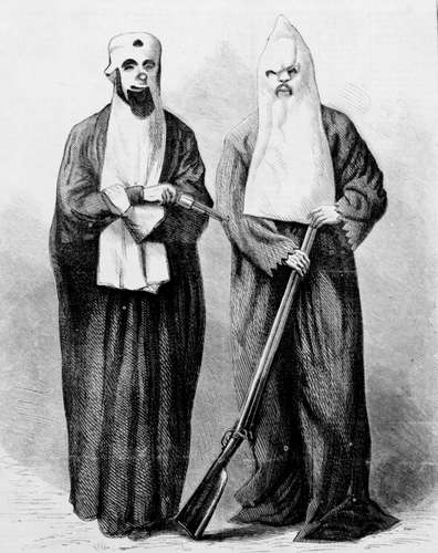 Illustration of two Ku Klux Klan members in their hoods.