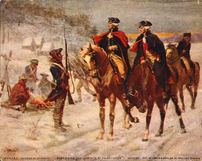 General George Washington and the Marquis de Lafayette at Valley Forge.