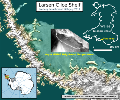 Map of Larsen C (Project MIDAS) overlayed with thermal image (NASA)