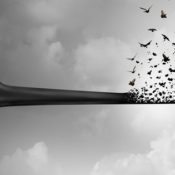 A man's long, Pinnocio nose slowly transforms into a murder of crows.