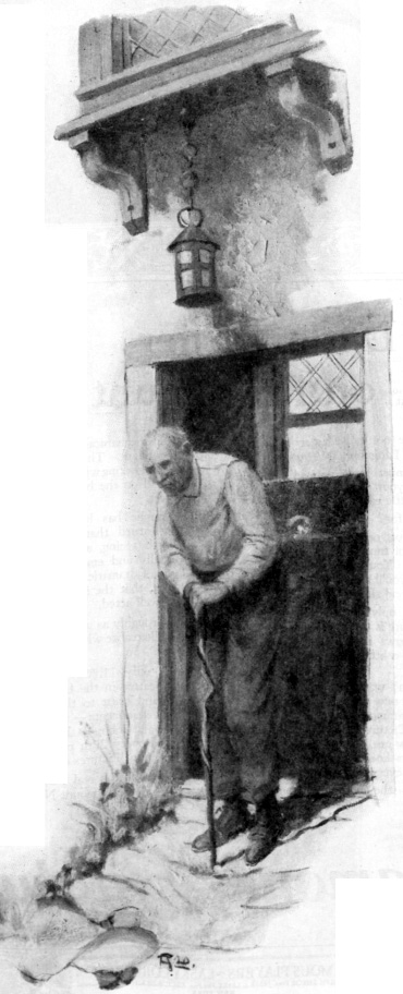 Old man with cane stands outside his front door.